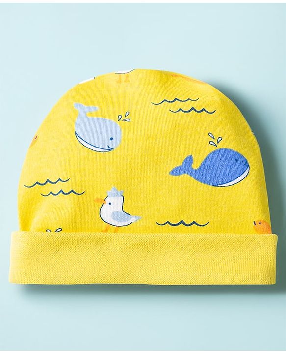 Babyhug 100% Cotton Knit Cap Mittens & Booties with Whale Print Multicolor - Diameter 10 cm