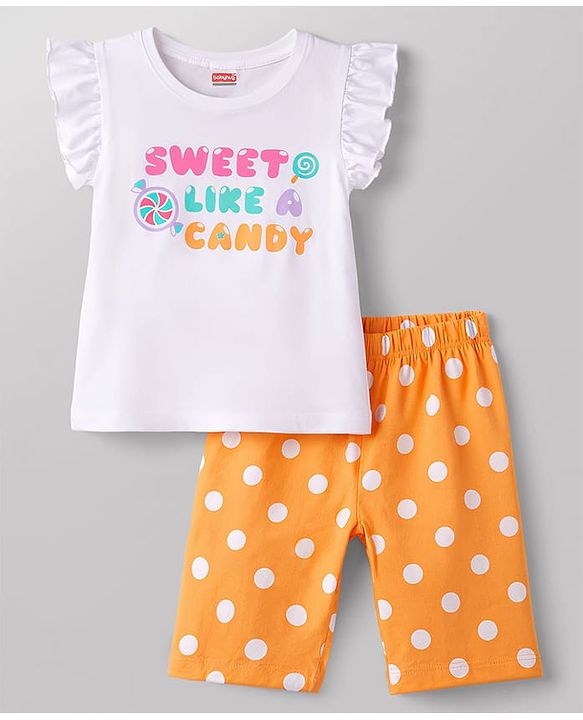 Babyhug Cotton Knit Half  Sleeves T-Shirt & Capri Night-Suit With Text & Polka Dots - White & Yellow