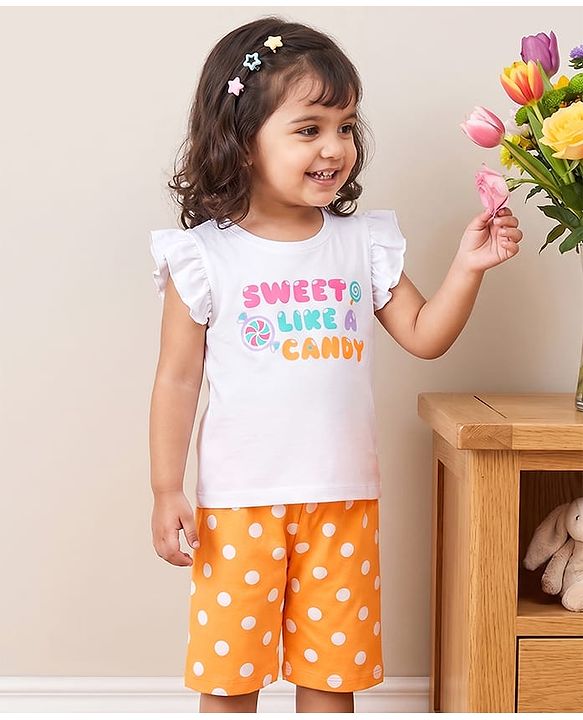 Babyhug Cotton Knit Half  Sleeves T-Shirt & Capri Night-Suit With Text & Polka Dots - White & Yellow