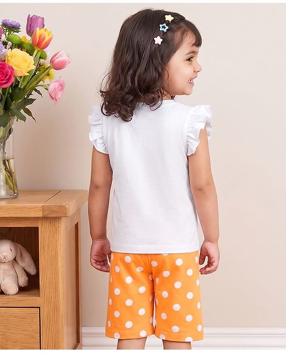 Babyhug Cotton Knit Half  Sleeves T-Shirt & Capri Night-Suit With Text & Polka Dots - White & Yellow