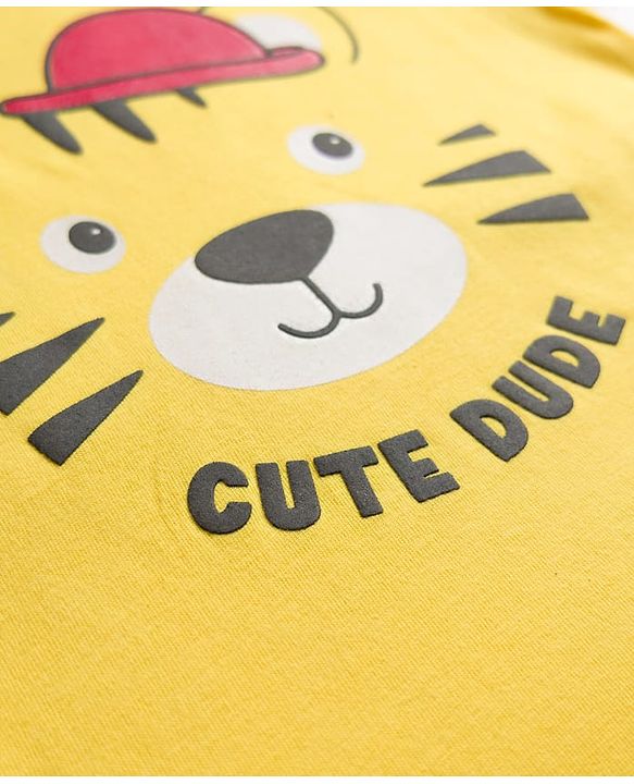 Babyhug Cotton Knit Full Sleeves T-Shirt & Shorts Night Suit With Tiger Print - Yellow