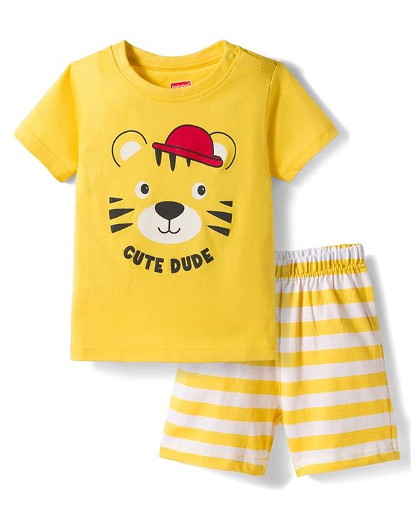 Babyhug Cotton Knit Full Sleeves T-Shirt & Shorts Night Suit With Tiger Print - Yellow