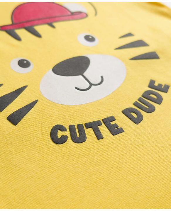 Babyhug Cotton Knit Full Sleeves T-Shirt & Shorts Night Suit With Tiger Print - Yellow