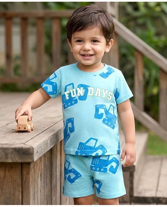 Babyhug Cotton Knit Half  Sleeves T-Shirt & Shorts Co-ord Night Suit With Vehicle Print - Blue