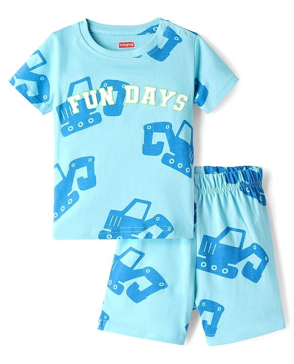 Babyhug Cotton Knit Half  Sleeves T-Shirt & Shorts Co-ord Night Suit With Vehicle Print - Blue