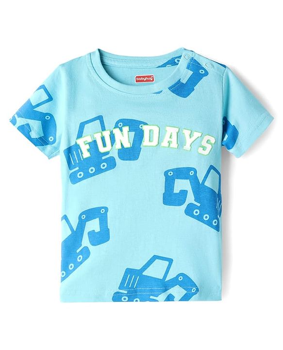 Babyhug Cotton Knit Half  Sleeves T-Shirt & Shorts Co-ord Night Suit With Vehicle Print - Blue