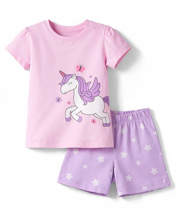 Babyhug Cotton Knit Half  Sleeves T-Shirt & Shorts Night Suit With Unicorn & Star Print - Pink