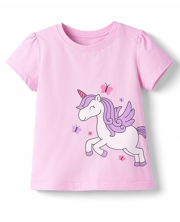 Babyhug Cotton Knit Half  Sleeves T-Shirt & Shorts Night Suit With Unicorn & Star Print - Pink