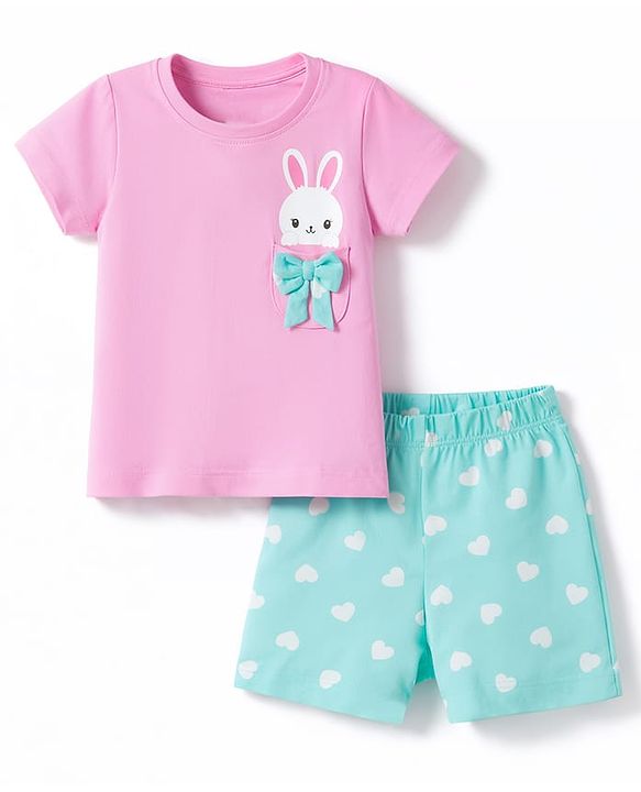 Babyhug Cotton Knit Half  Sleeves T-Shirt & Shorts Night-Suit With Bunny & Heart Print - Pink & Blue