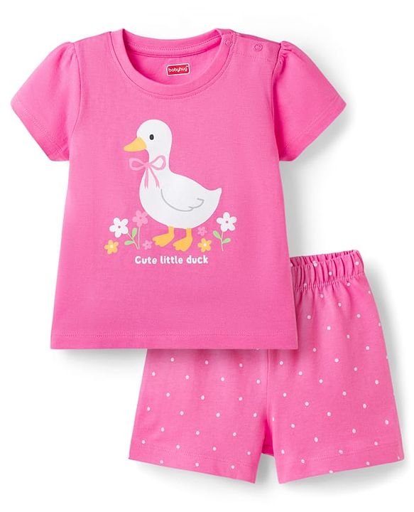 Babyhug Cotton Knit Half  Sleeves T-Shirts & Short Night Suit with Duck Print - Pink
