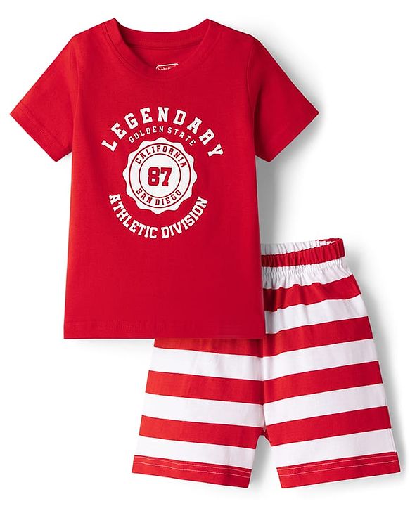 Babyhug Cotton Knit Half  Sleeves T-Shirt & Striped Shorts Night-Suit With Text Print - Red