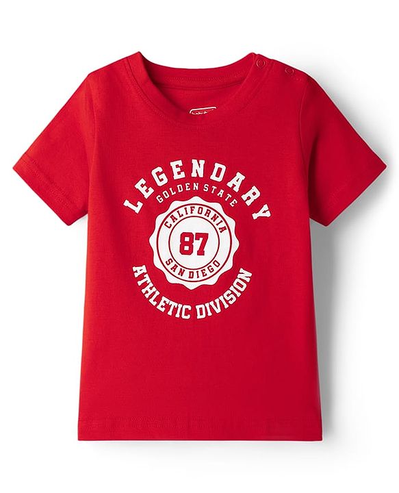 Babyhug Cotton Knit Half  Sleeves T-Shirt & Striped Shorts Night-Suit With Text Print - Red
