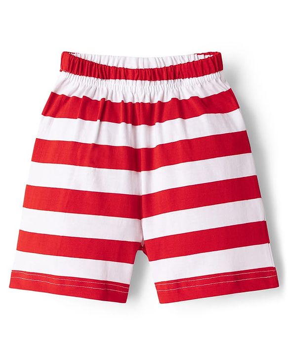 Babyhug Cotton Knit Half  Sleeves T-Shirt & Striped Shorts Night-Suit With Text Print - Red