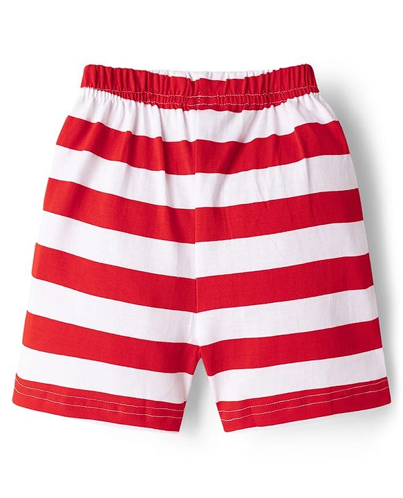 Babyhug Cotton Knit Half  Sleeves T-Shirt & Striped Shorts Night-Suit With Text Print - Red
