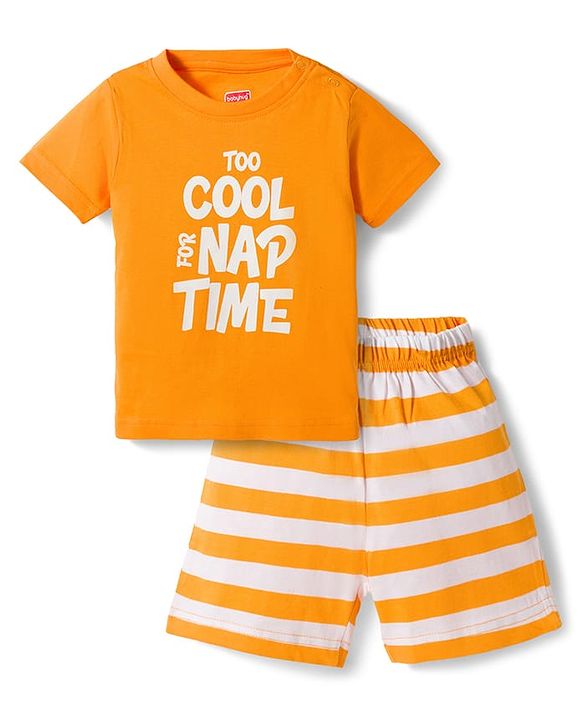 Babyhug Cotton Knit Half Sleeves Striped T-Shirt & Shorts Night Suit with Text Print - Orange
