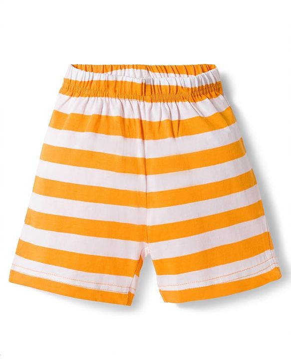 Babyhug Cotton Knit Half Sleeves Striped T-Shirt & Shorts Night Suit with Text Print - Orange