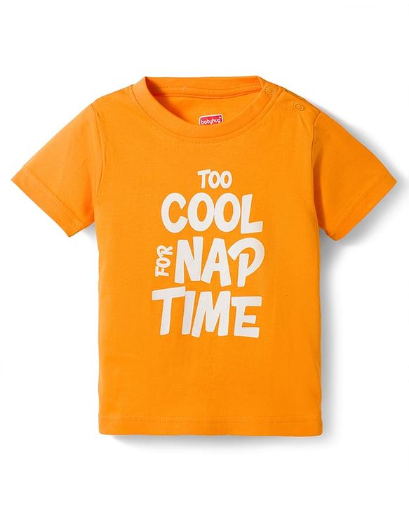 Babyhug Cotton Knit Half Sleeves Striped T-Shirt & Shorts Night Suit with Text Print - Orange