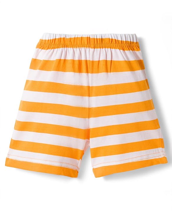 Babyhug Cotton Knit Half Sleeves Striped T-Shirt & Shorts Night Suit with Text Print - Orange