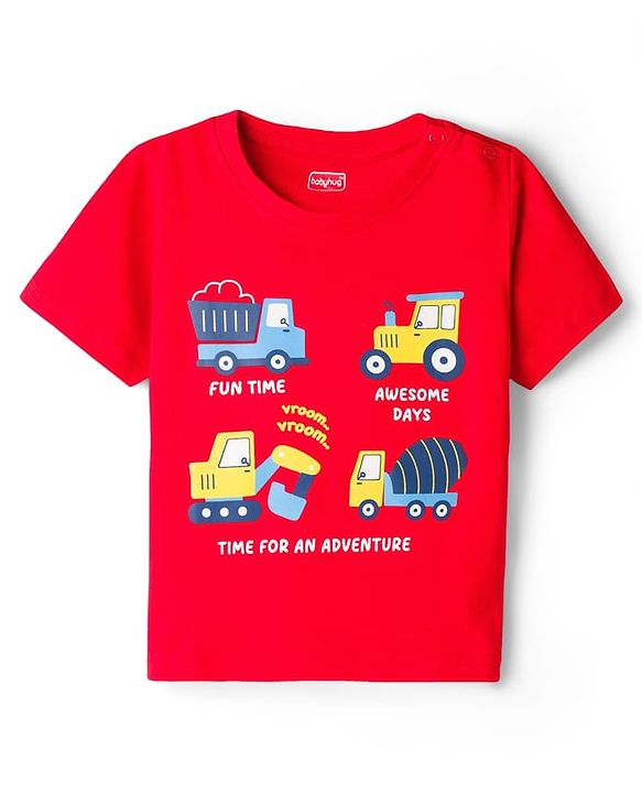 Babyhug Cotton Knit Half  Sleeves T-Shirt & Shorts Night Suit With Truck Print - Red