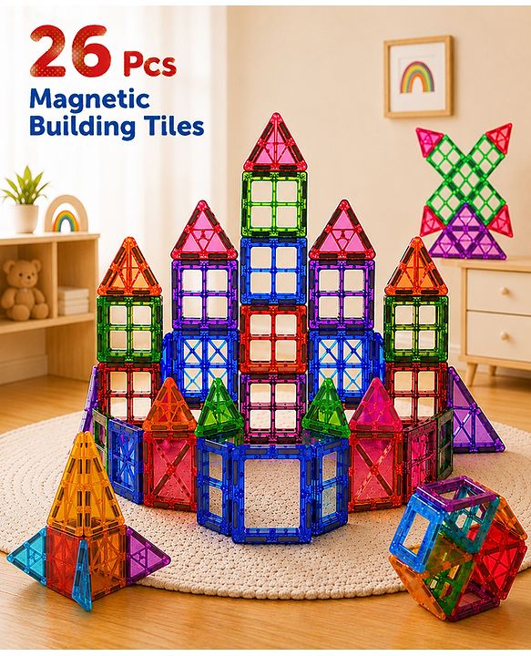 Babyhug Magnetic Tiles for Kid - 26 Pcs| Magnetic Building Blocks| Educational Learning Toy| Learning Educational Brain Toys | Boosts Creativity & Imagination| Strong Durable Magnets| STEAM Learning