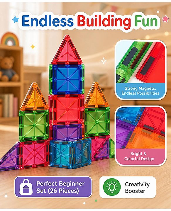 Babyhug Magnetic Tiles for Kid - 26 Pcs| Magnetic Building Blocks| Educational Learning Toy| Learning Educational Brain Toys | Boosts Creativity & Imagination| Strong Durable Magnets| STEAM Learning