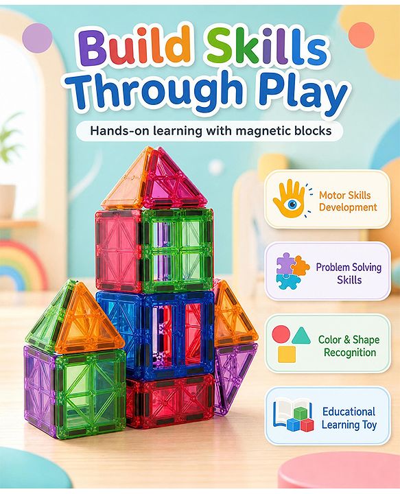 Babyhug Magnetic Tiles for Kid - 26 Pcs| Magnetic Building Blocks| Educational Learning Toy| Learning Educational Brain Toys | Boosts Creativity & Imagination| Strong Durable Magnets| STEAM Learning