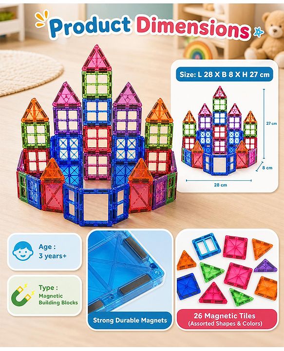 Babyhug Magnetic Tiles for Kid - 26 Pcs| Magnetic Building Blocks| Educational Learning Toy| Learning Educational Brain Toys | Boosts Creativity & Imagination| Strong Durable Magnets| STEAM Learning