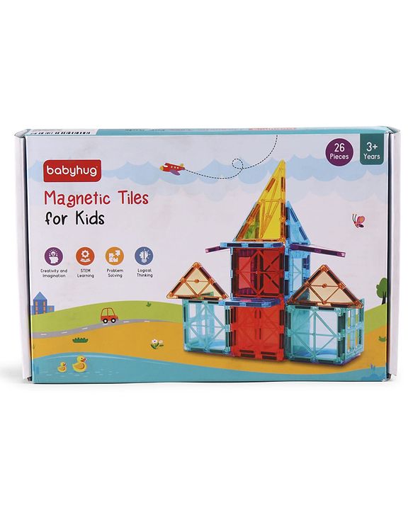 Babyhug Magnetic Tiles for Kid - 26 Pcs| Magnetic Building Blocks| Educational Learning Toy| Learning Educational Brain Toys | Boosts Creativity & Imagination| Strong Durable Magnets| STEAM Learning