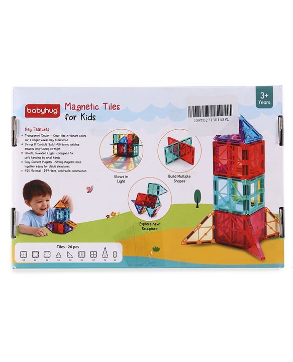 Babyhug Magnetic Tiles for Kid - 26 Pcs| Magnetic Building Blocks| Educational Learning Toy| Learning Educational Brain Toys | Boosts Creativity & Imagination| Strong Durable Magnets| STEAM Learning