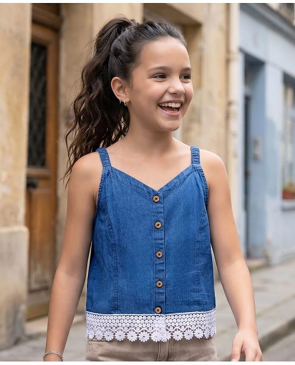 Pine Kids Cotton Woven Sleeveless Solid Color Top with Lace Detailing - Blue