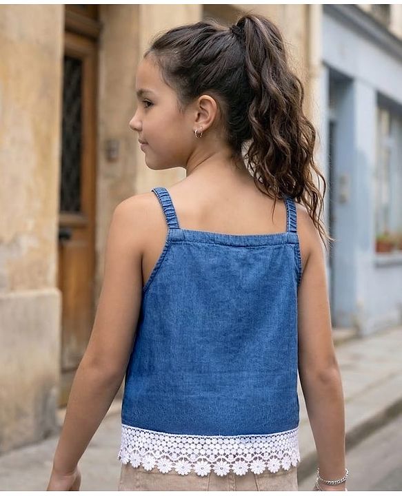 Pine Kids Cotton Woven Sleeveless Solid Color Top with Lace Detailing - Blue