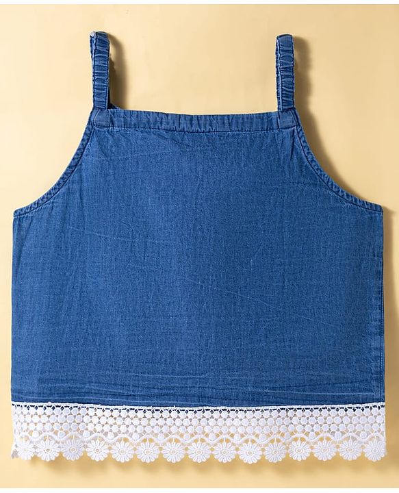 Pine Kids Cotton Woven Sleeveless Solid Color Top with Lace Detailing - Blue