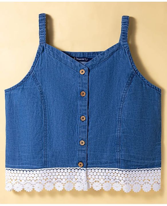Pine Kids Cotton Woven Sleeveless Solid Color Top with Lace Detailing - Blue
