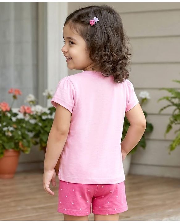 Babyhug Cotton Knit Half  Sleeves T-Shirt & Short  Night-Suit With Kitten & Polka Dots Print - Pink