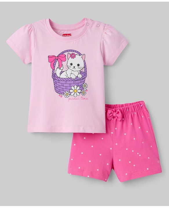 Babyhug Cotton Knit Half  Sleeves T-Shirt & Short  Night-Suit With Kitten & Polka Dots Print - Pink