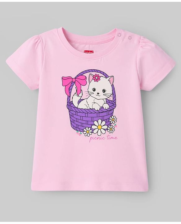 Babyhug Cotton Knit Half  Sleeves T-Shirt & Short  Night-Suit With Kitten & Polka Dots Print - Pink