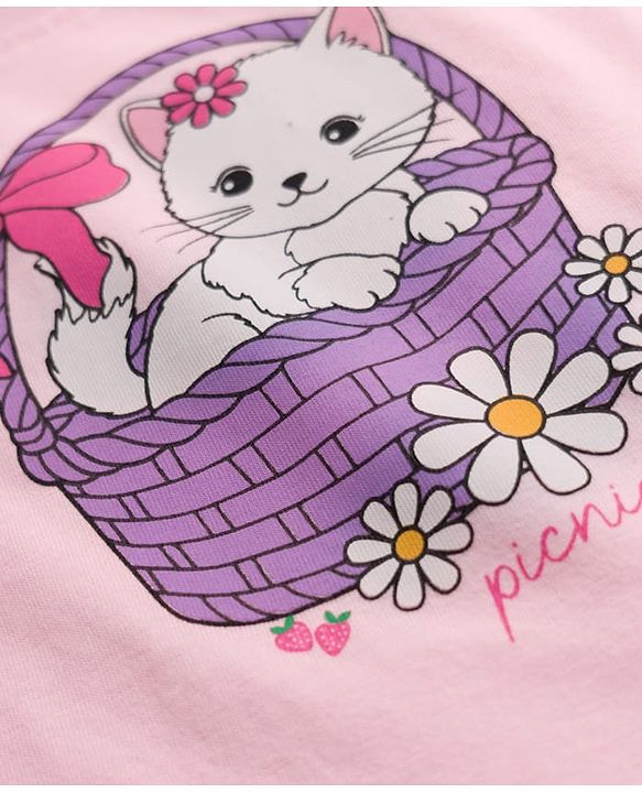 Babyhug Cotton Knit Half  Sleeves T-Shirt & Short  Night-Suit With Kitten & Polka Dots Print - Pink