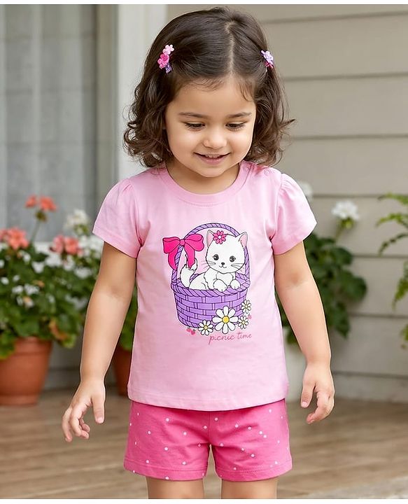 Babyhug Cotton Knit Half  Sleeves T-Shirt & Short  Night-Suit With Kitten & Polka Dots Print - Pink