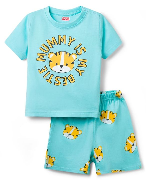 Babyhug Cotton Knit Half  Sleeves T-Shirt & Short Night Suit with Tiger Print - Light Blue