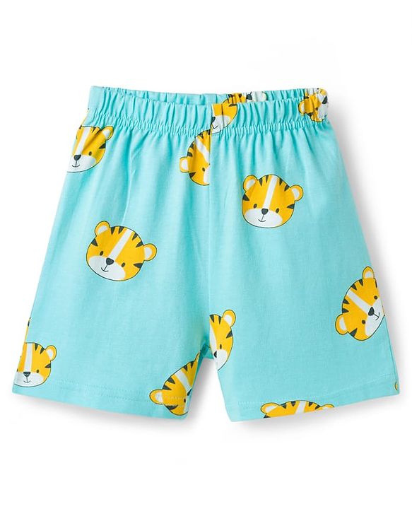 Babyhug Cotton Knit Half  Sleeves T-Shirt & Short Night Suit with Tiger Print - Light Blue