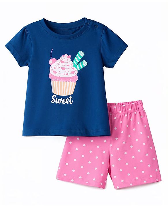 Babyhug Cotton Knit Half  Sleeves T-Shirt & Shorts Night-Suit With Cupcake & Polka Dots Print - Navy Blue & Pink