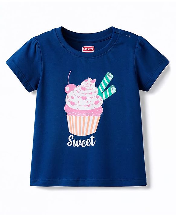 Babyhug Cotton Knit Half  Sleeves T-Shirt & Shorts Night-Suit With Cupcake & Polka Dots Print - Navy Blue & Pink