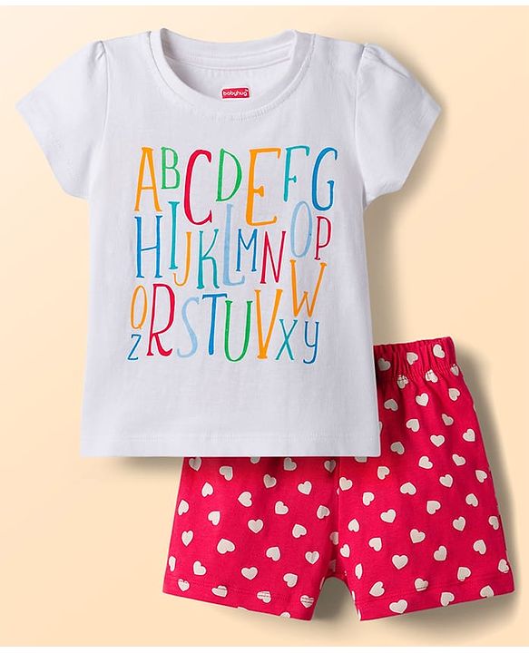 Babyhug Cotton Knit Half  Sleeves T-Shirt & Shorts Night-Suit With Heart & Alphabet Print - White