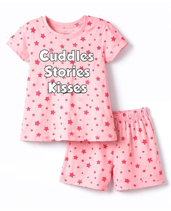 Babyhug Cotton Knit Half  Sleeves T-Shirt & Shorts Night-Suit With Star Print - Pink