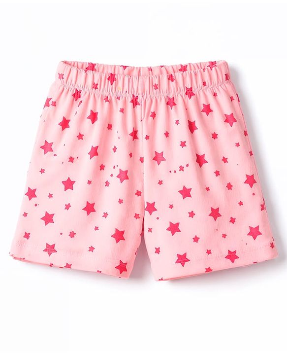 Babyhug Cotton Knit Half  Sleeves T-Shirt & Shorts Night-Suit With Star Print - Pink