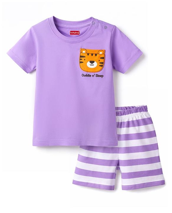 Babyhug Cotton Knit Half  Sleeves T-Shirt & Striped Shorts Night Suit With Lion Print - Lavender
