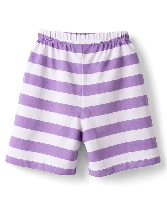 Babyhug Cotton Knit Half  Sleeves T-Shirt & Striped Shorts Night Suit With Lion Print - Lavender