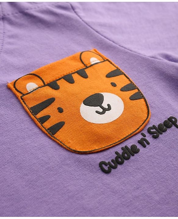 Babyhug Cotton Knit Half  Sleeves T-Shirt & Striped Shorts Night Suit With Lion Print - Lavender