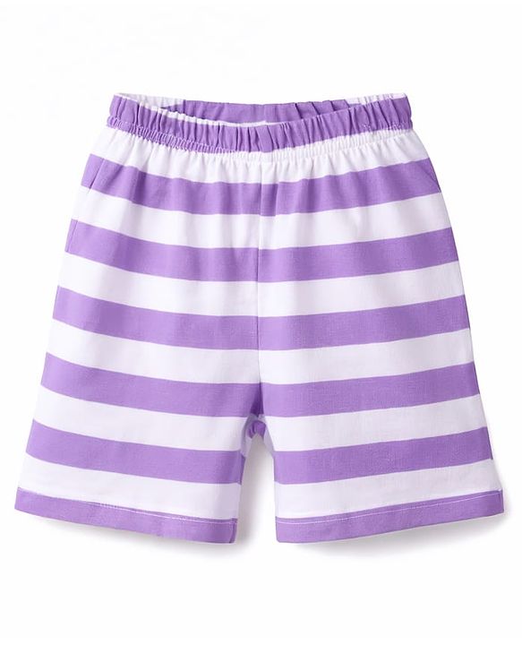 Babyhug Cotton Knit Half  Sleeves T-Shirt & Striped Shorts Night Suit With Lion Print - Lavender