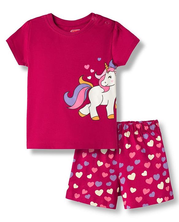 Babyhug Cotton Knit Half Sleeves T-Shirt & Short Night Suit with Unicorn & Heart Print - Dark Pink